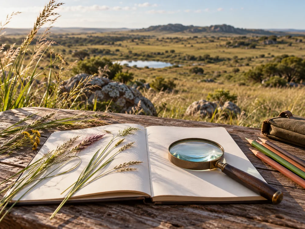Cuaderno y lupa para observar la naturaleza