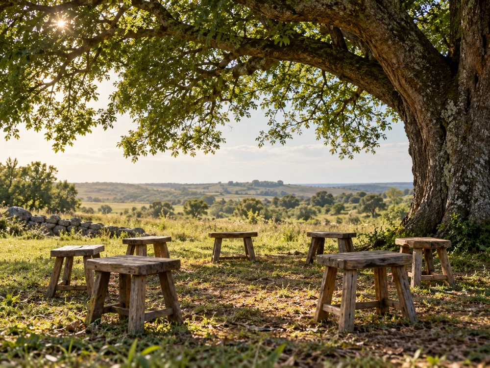 Asientos dispuestos bajo un árbol en el campo