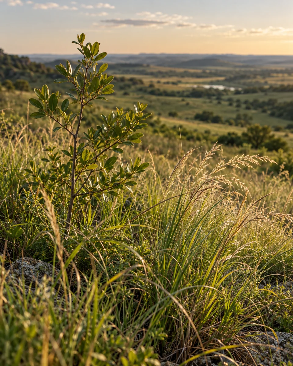 Plantín nativo entre las hierbas del campo