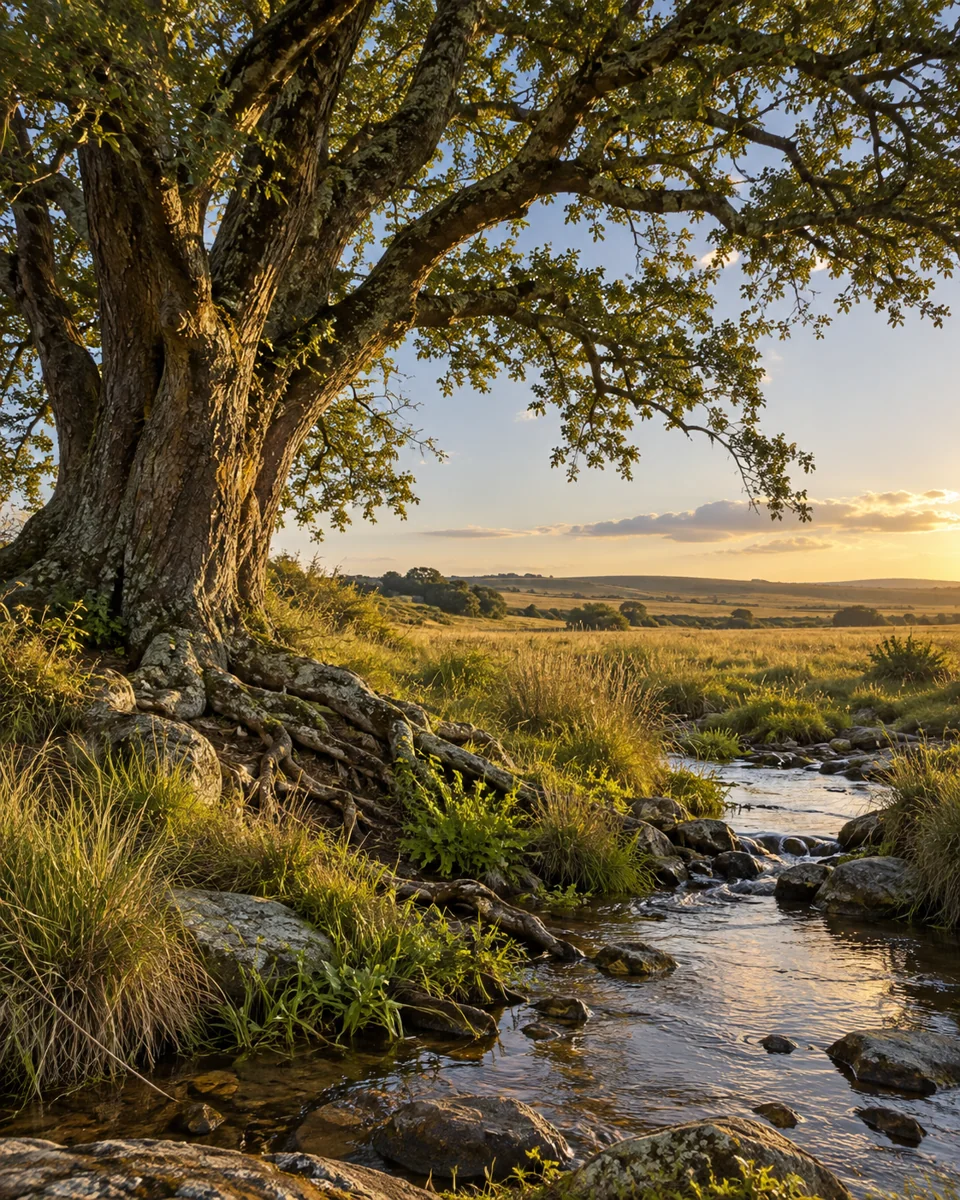 Árbol nativo y arroyo en un paisaje rural